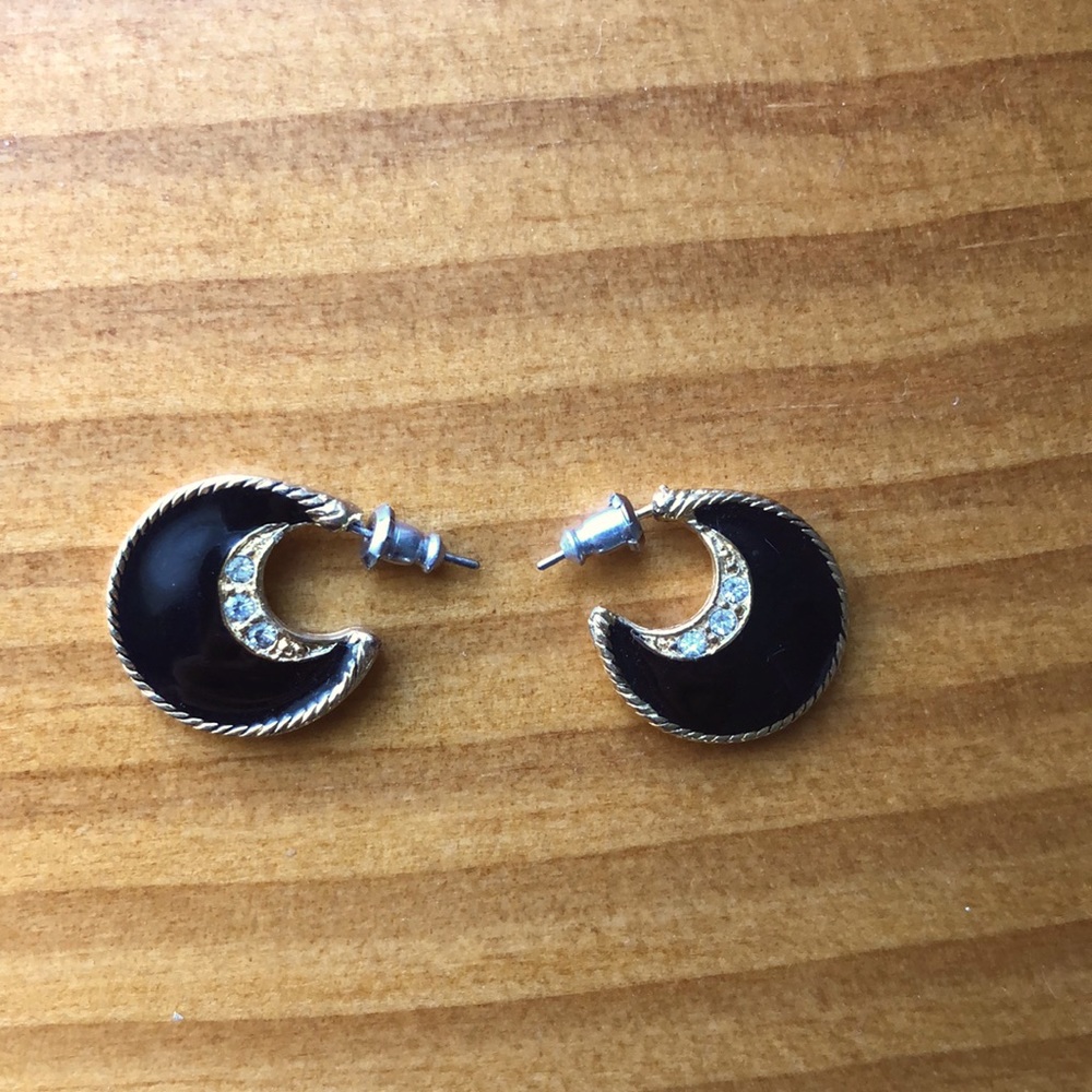 Vintage Black and Gold Colored Moon Shaped Earrings with Clear CZ Accent